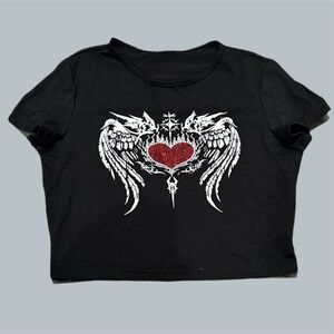 Emo Y2K Gemstone Rhinestone Embellished Crop Top Black Small Women’s angel wings
